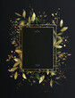 © Kitty - A golden frame with leaves around it on a black background, a digital illustration in the style of minimalistic vector art with a simple yet elegant design