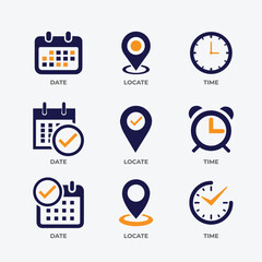 Wall Mural - Date time location icon set. Even the element symbol designs are blue and orange