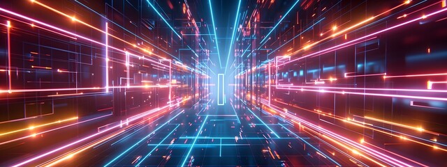 Poster - Neon Digital Lines Glowing Abstract Futuristic Geometric of Pulsing Luminous Rays and Beams