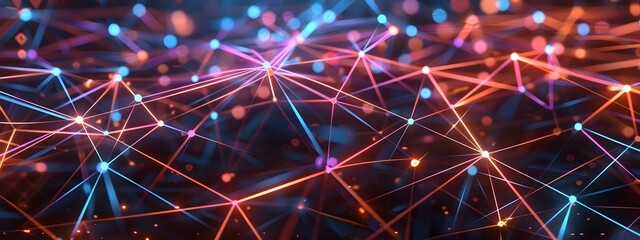 Poster - Glowing Neon Tech Nodes and Lines Futuristic 3D Rendered Abstract Digital Design