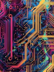 Wall Mural - Abstract Stylized 3D Rendered Circuit Board with Vibrant Colorful Digital Patterns