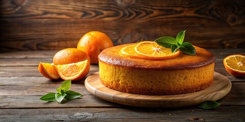 Wall Mural - Homemade orange cake on a rustic wooden table, food, dessert, baking, citrus, delicious, sweet, treat, homemade, rustic, kitchen, fresh, sliced, moist, tasty, fragrant, snack, pastry, cake