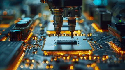 Poster - Robotic Arm Assembling Circuit Board for Technology Background with copy space text for Website
