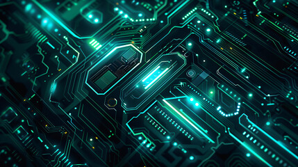 Poster - Green Circuit Board with Neon Lights for Technology Background with copy space text for Website