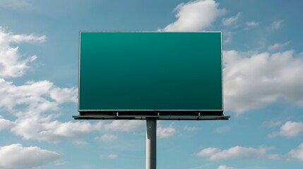 Blank green road sign for banner advertising and displaying information. blue sky view. copy space, mockup, advertising. 