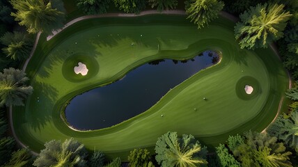 Aerial top down view of a beautiful green golf course with holes and river.