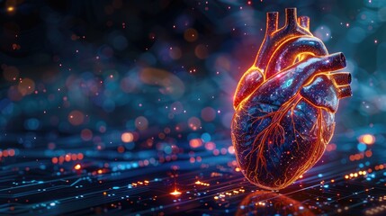 Wall Mural - Futuristic Neon Artificial Heart with Digital Circuitry Background