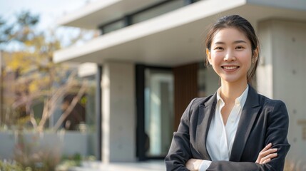 A professional Asian woman real estate agent stands confidently outside a sleek, modern house with a minimalist design and a large entrance door