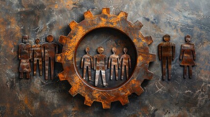 Creative Teamwork Concept with Rusty Gear and People Silhouettes for Industrial Collaboration