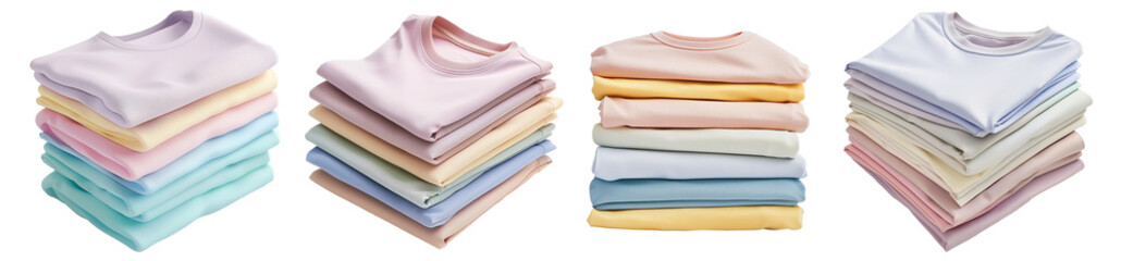 Wall Mural - Set of stack and neatly folded t-shirts in pastel colorful colours on a transparent background. Isolated mockup of clothes in front, top, and isometric view.