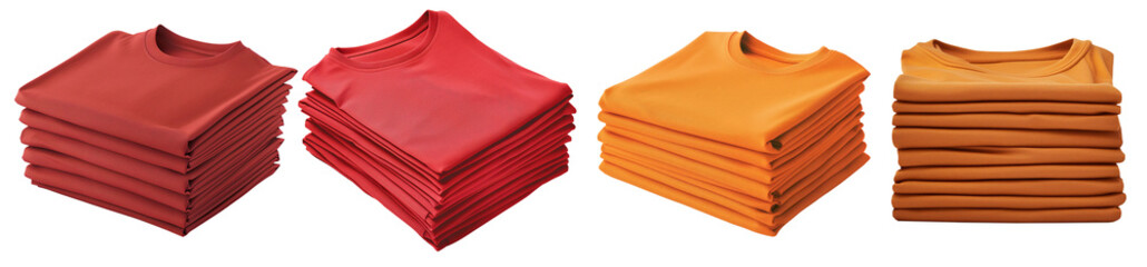 Set of stack and neatly folded t-shirts in red and orange color tone on a transparent background. Isolated mockup of clothes in front, top, and isometric view.