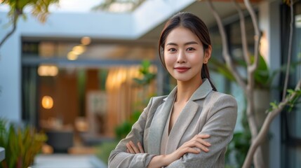 Wall Mural - An Asian woman real estate agent in a stylish outfit poses confidently in front of a modern home with a minimalistic garden