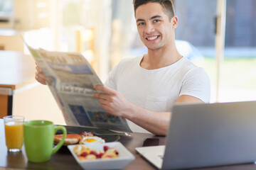 Wall Mural - Man, breakfast and portrait with newspaper in home with smile for story, finance or sports results in morning. Person, newsletter and happy with food, information or relax in dining room at apartment