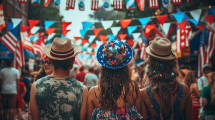 Sticker - A group of friends watching a Fourth of July parade, with American flags and festive decorations all around