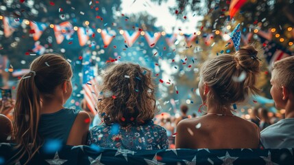 Wall Mural - A group of friends watching a Fourth of July parade, with American flags and festive decorations all around