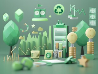 Poster - eco friendly finance research and reporting with green themed 3d rendered icons and