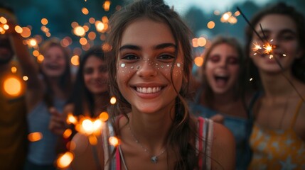 Sticker - A group of friends lighting sparklers at a 4th of July celebration, with big smiles and festive outfits