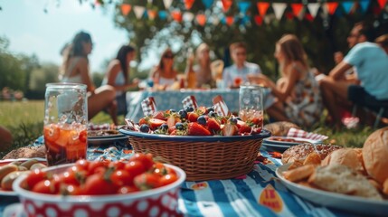 Sticker - A group of friends enjoying a 4th of July picnic in a park, with red, white, and blue themed food and decorations