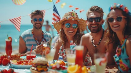 Sticker - A group of friends celebrating the Fourth of July at a beach party, with flags, food, and festive outfits