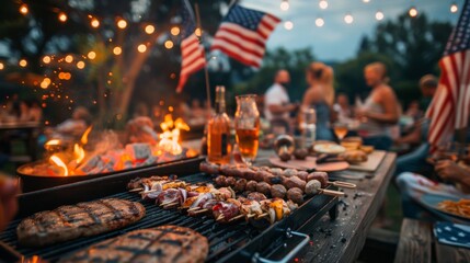 Wall Mural - A group of friends at a 4th of July BBQ, grilling food and enjoying drinks, with American flags and festive decorations