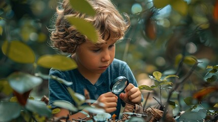 A child using a magnifying glass to explore nature during a homeschooling lesson