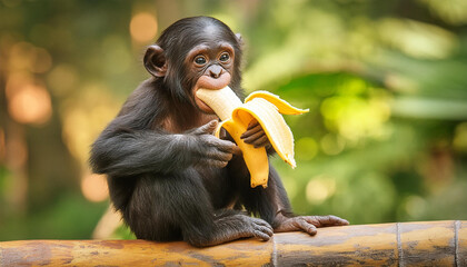 Young chimpanzee in the jungle eating a banana