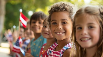 Sticker - A family watching a Fourth of July parade from the sidewalk, with children waving flags and smiling