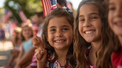 Wall Mural - A group of children are smiling and holding American flags. Scene is happy and patriotic