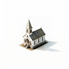 Wall Mural - Isometric realistic 3D buildings. Little countryside church on white background. Digital illustration ultra detailed.