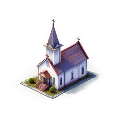 Wall Mural - Isometric realistic 3D buildings. Little countryside church on white background. Digital illustration ultra detailed.