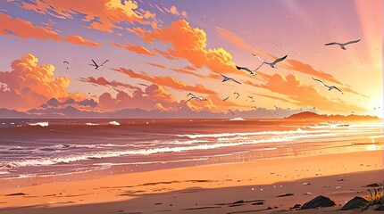 Wall Mural - Sunset beach Anime style illustration, flat anime illustration, vector art, anime background