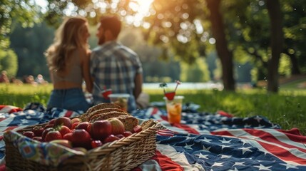 Sticker - A couple enjoying a 4th of July picnic in the park, with a blanket spread out and patriotic decorations