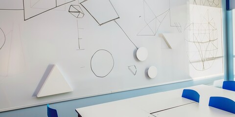 Poster - Mathematics classroom, geometric figures on whiteboard, clean, direct lighting