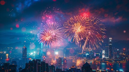 Wall Mural - A colorful fireworks display lighting up the night sky on Independence Day, with a cityscape in the background