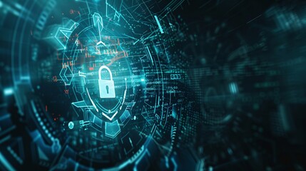 Poster - a copyspace of blue digital padlock for cybersecurity that prevent spyware, malware, phising and any