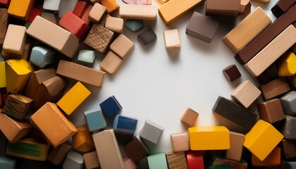 White background, white space in the center of picture. A pile of colorful Lego blocks scattered all over the place. The lego bricks of different shapes and sizes