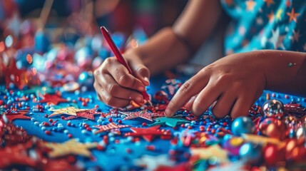 A close-up of hands preparing a patriotic craft at a Fourth of July event, with bright supplies and decorations