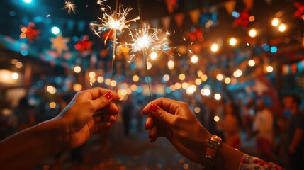 Wall Mural - A close-up of hands holding sparklers at a Fourth of July party, with festive backgrounds and decorations