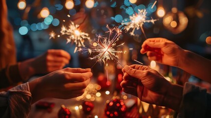 Wall Mural - A close-up of hands holding sparklers at a Fourth of July party, with festive backgrounds and decorations