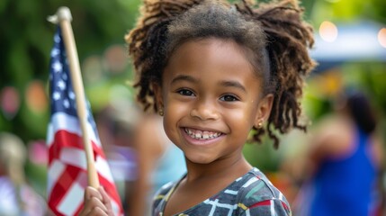 Wall Mural - A child holding an American flag at a 4th of July event, with a big smile and festive attire