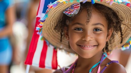 Wall Mural - A child holding an American flag at a 4th of July event, with a big smile and festive attire