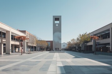 Minimalist plaza with a modern clock tower as a focal point 