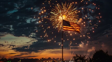 Wall Mural - A beautifully lit American flag against a dark sky, with fireworks creating a festive atmosphere