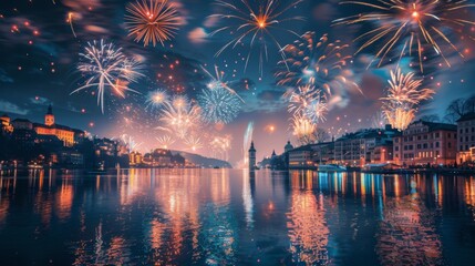 Wall Mural - A beautiful display of fireworks over a city on Independence Day, with reflections in a nearby body of water