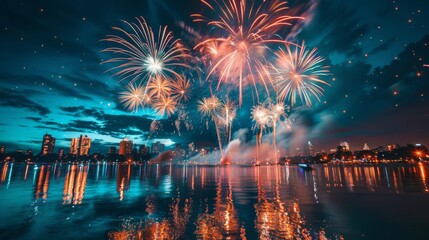 Wall Mural - A beautiful display of fireworks over a city on Independence Day, with reflections in a nearby body of water