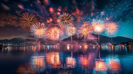 Wall Mural - A beautiful display of fireworks over a city on Independence Day, with reflections in a nearby body of water