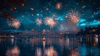 Wall Mural - A beautiful display of fireworks over a city on Independence Day, with reflections in a nearby body of water
