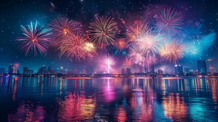 Wall Mural - A beautiful display of fireworks over a city on Independence Day, with reflections in a nearby body of water