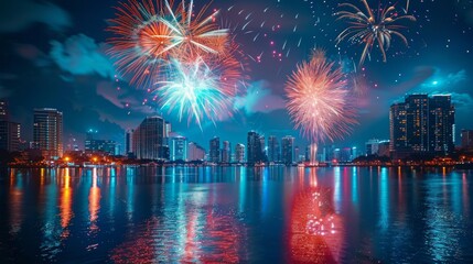 Wall Mural - A beautiful display of fireworks over a city on Independence Day, with reflections in a nearby body of water