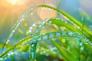 Wall Mural - A mesmerizing close-up of grass blades covered in tiny droplets of rainwater, refracting the light like miniature diamonds and creating a magical, ethereal effect.